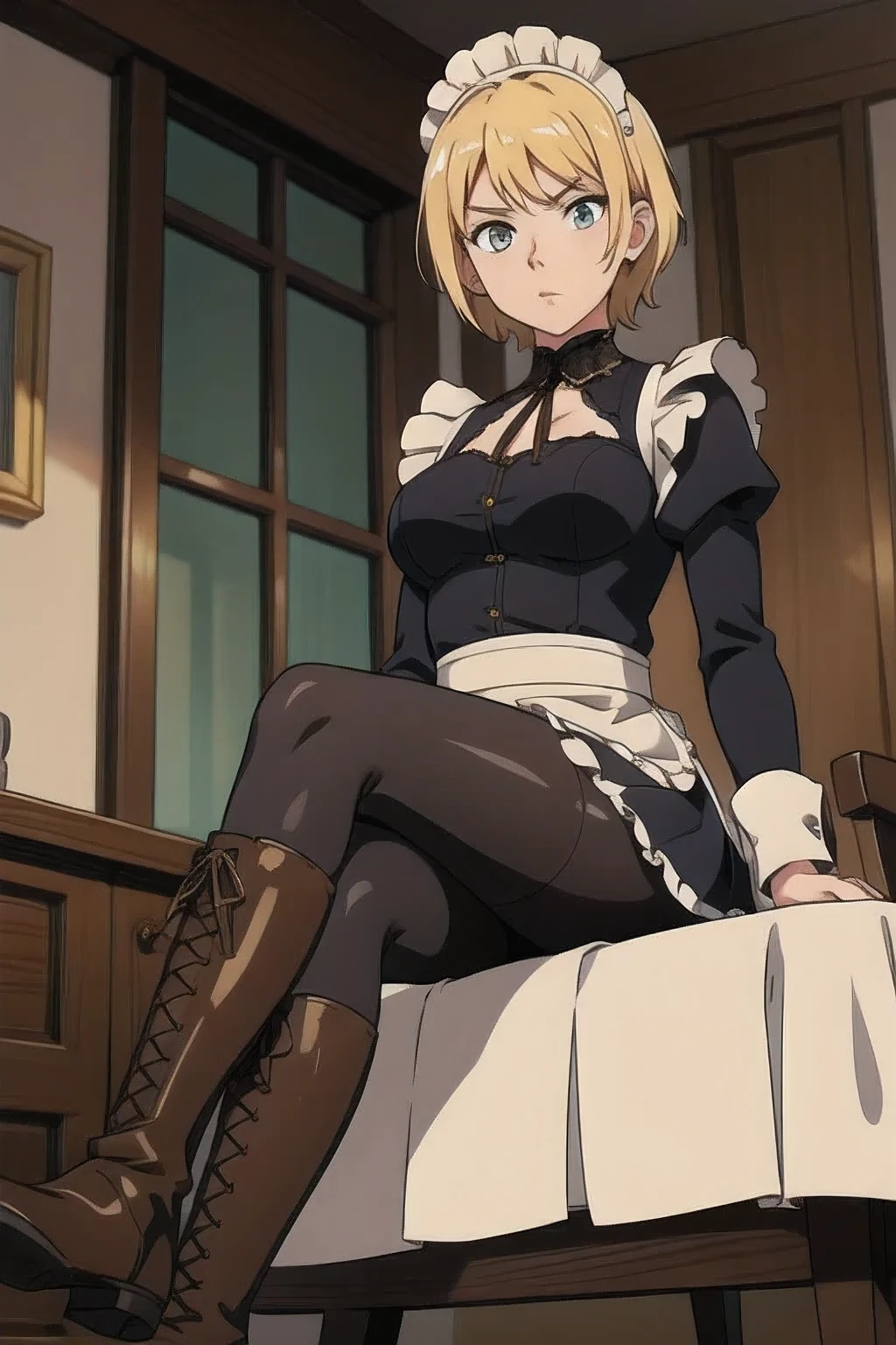 18 year old beautiful girl, Big eyes, big breasts, The whole body is visible,Small and thin,Beautiful feet, 8K, highest quality, (Highly detailed head), (Highly detailed face), (Very fine hair), Maid clothes,Brown lace-up riding boots,Shiny riding boots,Black tights,Highly detailed official artwork, Anime Moe Art Style, Beautiful detailed anime art, Glare, Golden Hair, Smooth Short Hair,Sit on a chair,Elevate your legs,I can see the soles of my shoes,From directly below,