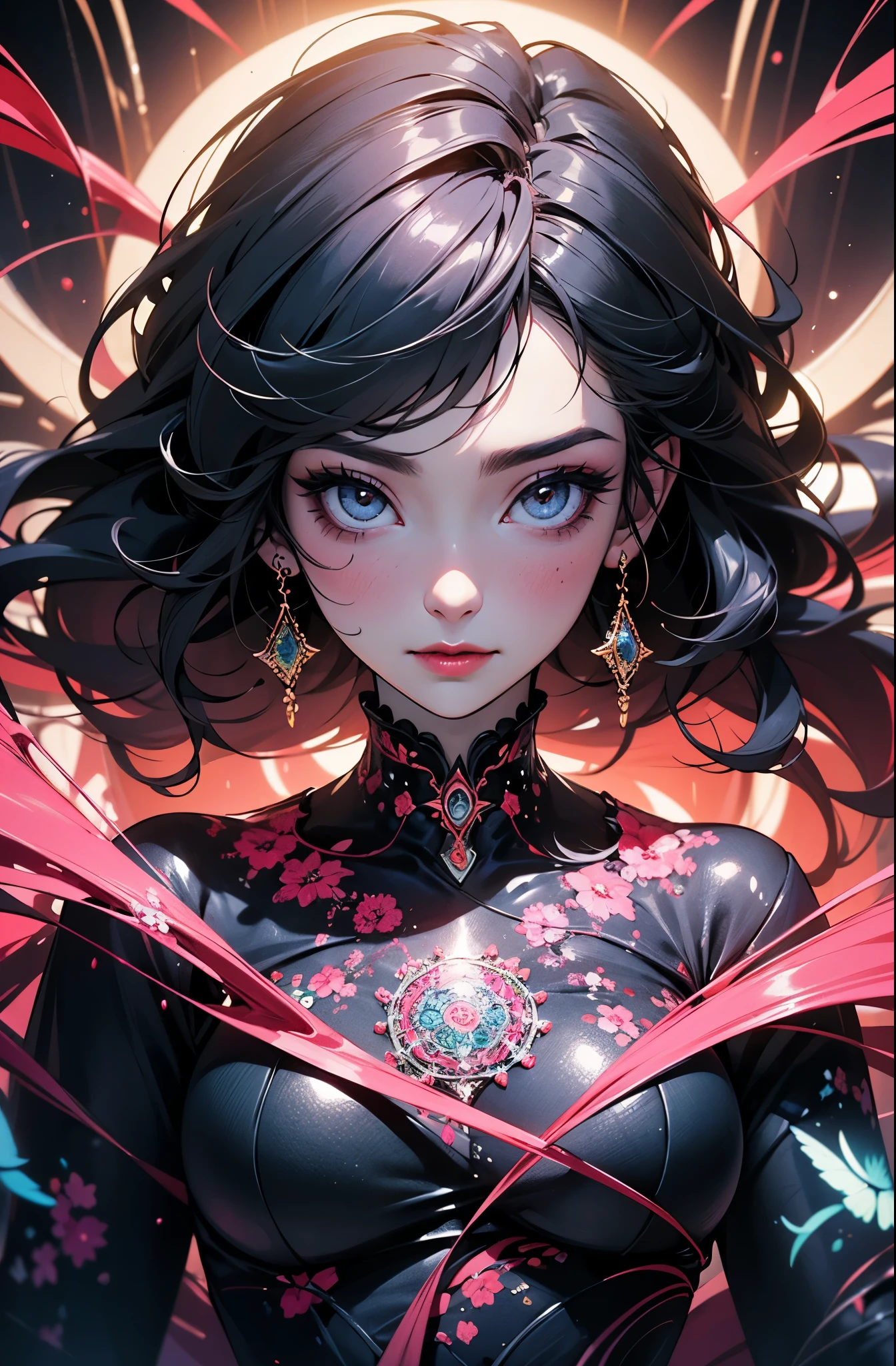 Centered, symmetrical, portrait official art, red pink vibrant, unity 8k wallpaper, ultra detailed, beautiful and aesthetic, masterpiece, best quality, (zentangle, mandala, tangle, entangle), (fractal art:1.3), 25 year old woman, happy sexy, extremely detailed, dynamic angle, vivid colours, romanticism, atmospheric, ecstasy of musical notes, streaming musical notes visible. Luminous light. Luminous, 4K, highly detailed Cyberpunk alley at night.