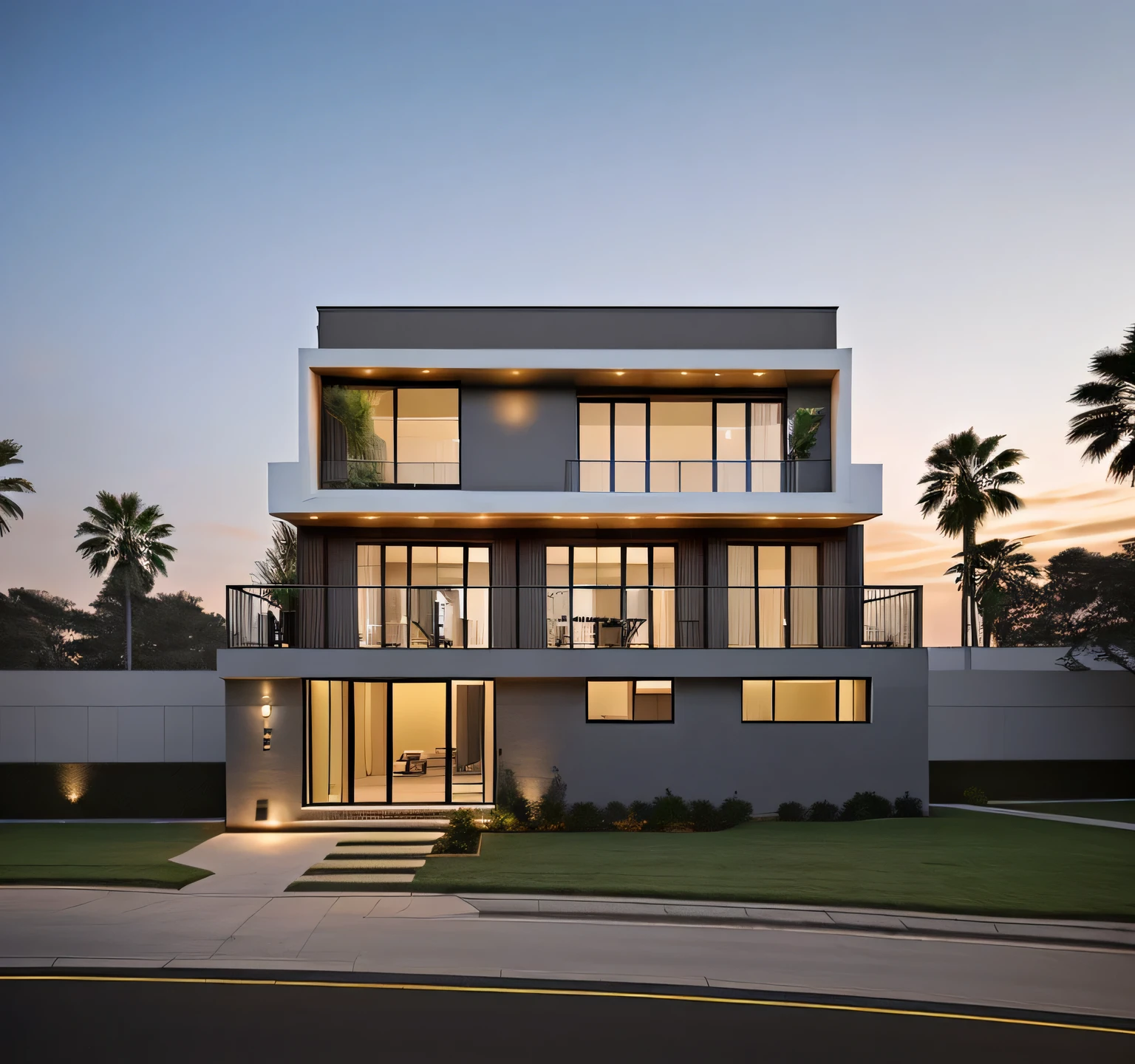 Exterior, modern house, sunset, best qualityExterior of house, mediterinan style, forest surrounding, glass railing, glass door and window with black mullion, tree, sky, cloud, morning weather, Landscape pathway at front, scenery, dark red roof tiles on the top of the house