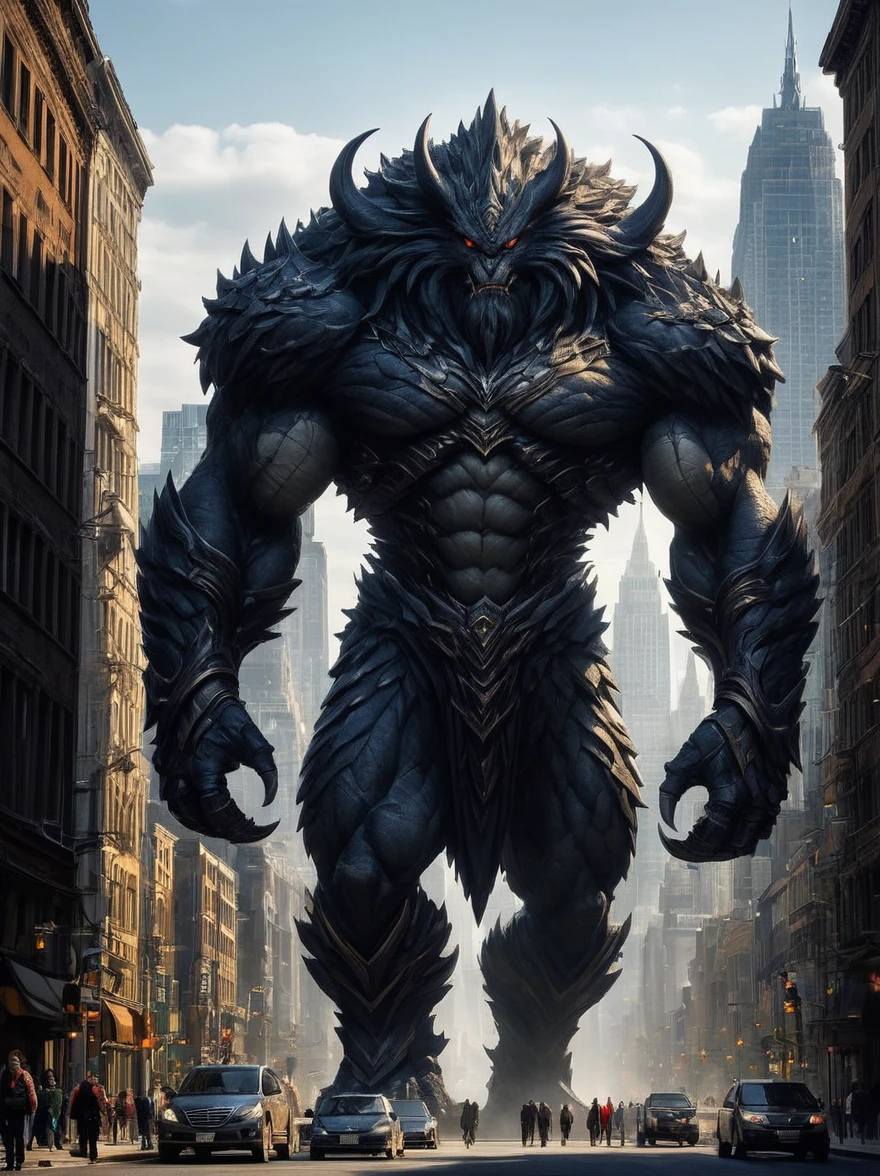 A colossal mythical creature, its styling reminiscent of digital monster designs but wholly original in its creation, looms large over an urban skyline, It is distinct with its sharp, armored plates, large glowing eyes, and an unusual mix of organic and mechanical design elements, A single foot, enormous in size, descends upon the cityscape, casting a long shadow and creating a sense of impending doom, Various buildings of different styles and sizes are dwarfed by the creature's scale, The scene is enveloped in an atmosphere of intense drama.