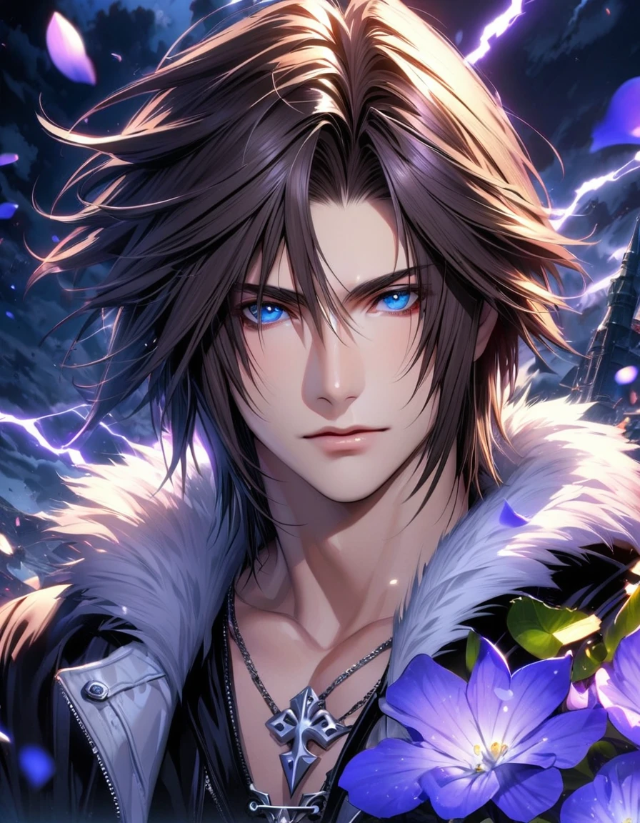 Ultra detailed, Highres, absurdres, HDR, Squall Leonhart, blue eyes, blown hair, Final Fantasy VIII, purple lightning, handsome, 1 man only, very detailed face and eyes, flowers and petals