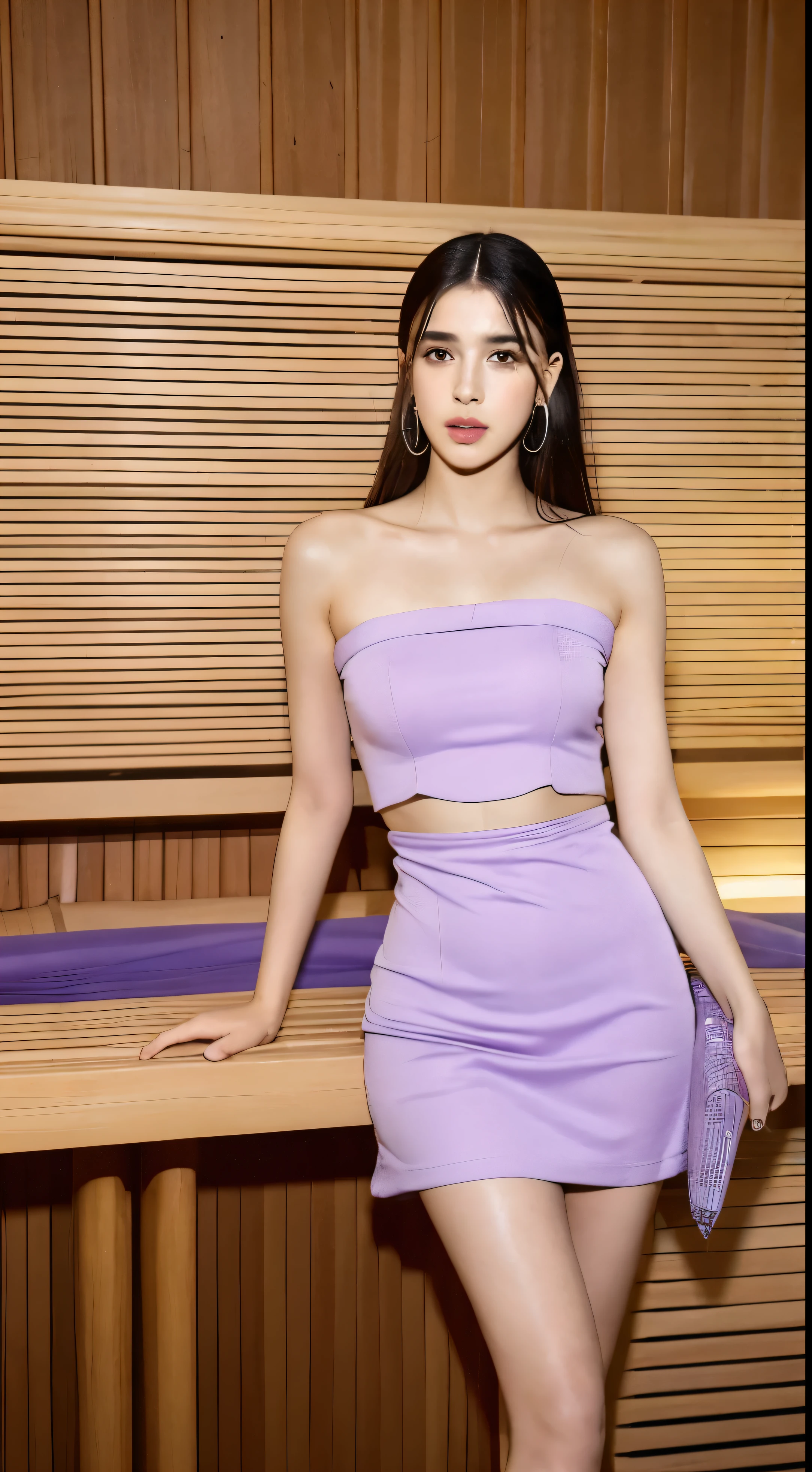 uma foto de corpo inteiro, from afar of an araffe dua lipa girl in a lilac tube dress and straw clutch in her hand, em uma sauna organica, 8k melhor qualidade,
Preparando 
