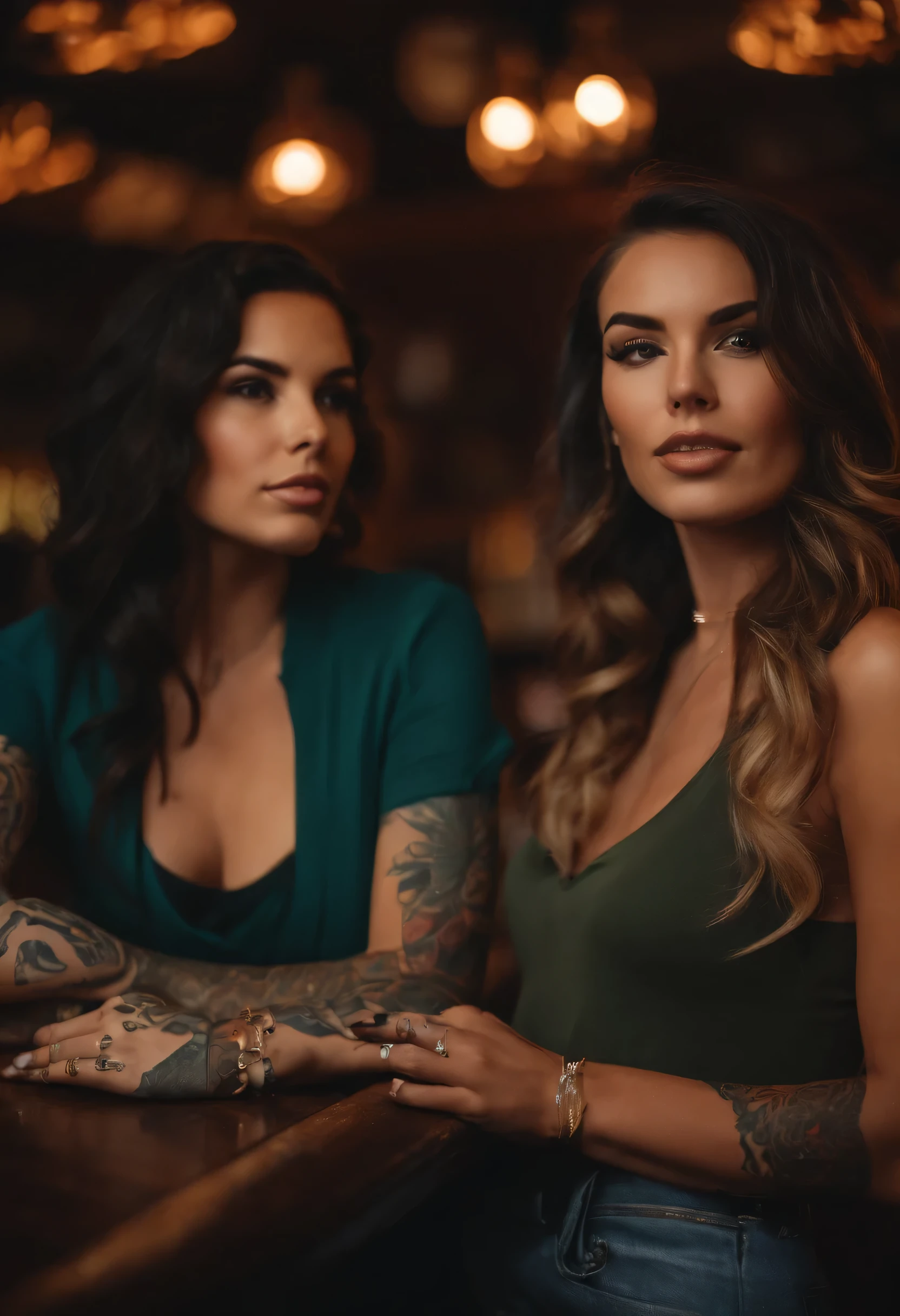 Brunette friends with tattoos at a bar