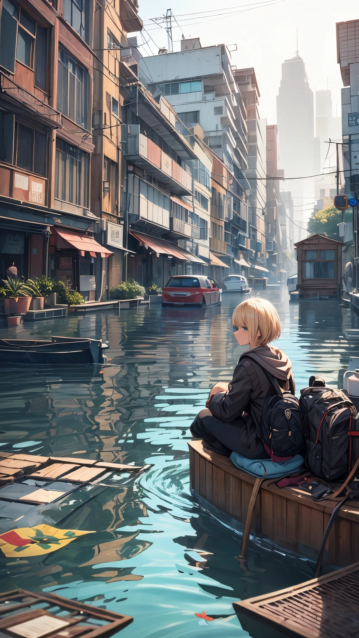 Outside the submerged city,floating houses,collapsed houses,one 20years old woman,blonde short hair,sitting on the floating house