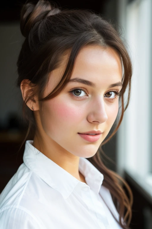 portrait, 20yo brunette german girl, sultry flirty look, wearing a white shirt, messy bun, 8k, best quality, masterpiece, (looking into camera:1.3), photograph, (beautiful)