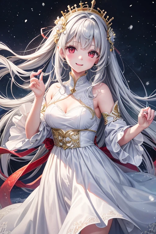 (highest quality,4K,High resolution),Queen、Gray Hair、White Dress、Gold decoration、Red eyes、In the snow、sing a song、smile、Draw your eyes beautifully。