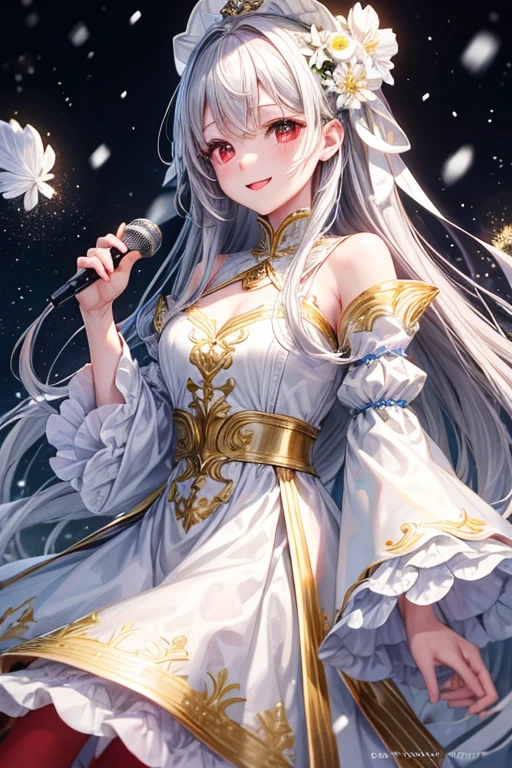 (highest quality,4K,High resolution),Queen、Gray Hair、White Dress、Gold decoration、Red eyes、In the snow、sing a song、smile、Draw your eyes beautifully。