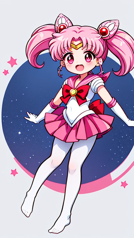 Sailor Moon，young年，，cute，（Little Loli），Pink hair twintails，short hair，Sailor Suit，red bow，White elbow gloves，Red Skirt，no shoes，Open your mouth，laughing out loud，Fangs，(White pantyhose),soles of feet，Soles，（young），（The body is small and delicate）