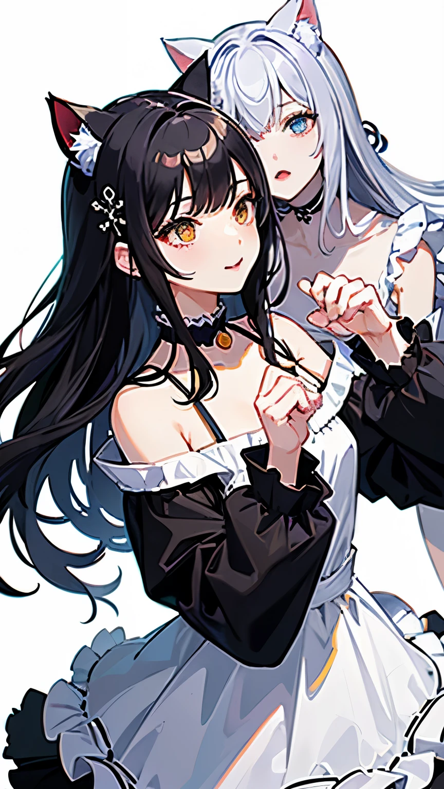 (highest quality, masterpiece, High resolution)、(Anime Art)、,Cinematic Light、Soft Light、1 girl、some girls、Black Hair、Black cat costume、White Cat Costume、Tabby cat costume、Striped cat costume、Persian Cat Costume、3-color cat costume、(loose t-shirt)、Loose fitting shirt、Off the shoulder、sexy mini dress、Cat ear、Bobcut、semi-long、Hair Bun、hair ornaments、choker、Cute facial details、Captivating smile、Small breasts、whole body、(Cat Pose)、beckoning、play、(Kiss each other&#39;nose)、dance、busy、Cat jarashi、Crackers explode、 Decoration、((White Background))、