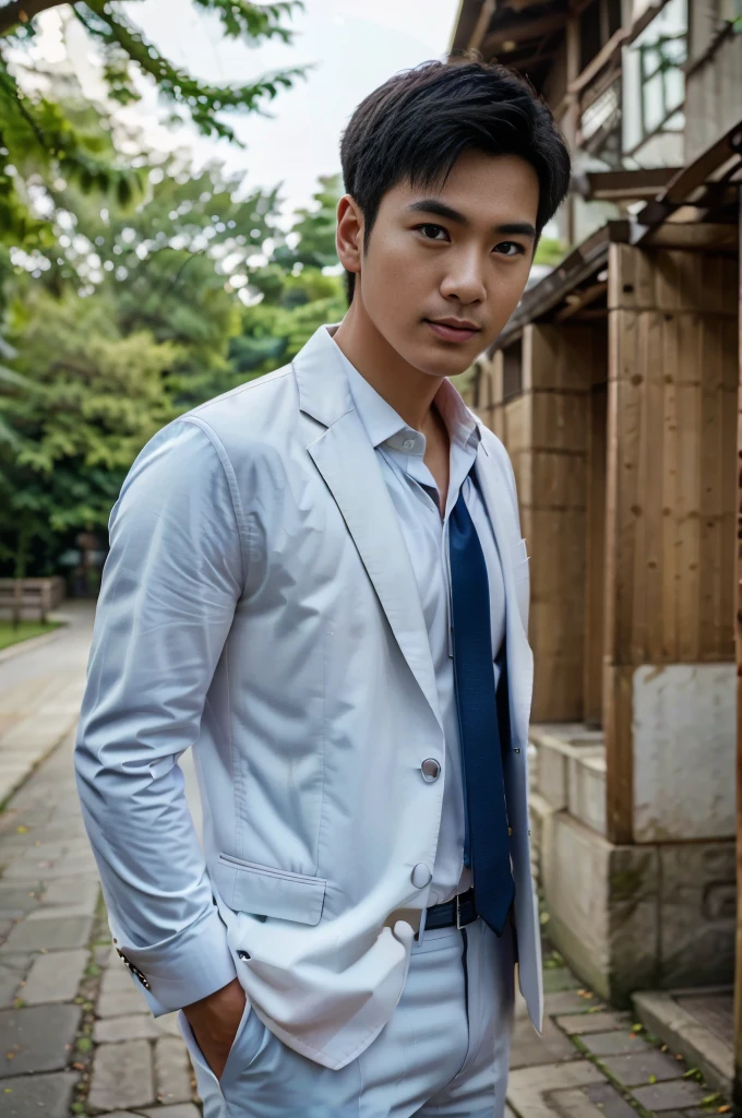 (One wearing a full light blue striped suit、White shirt、Tie、About 25 years old、Japanese men with a height of 180 cm)、best quality、masterpiece、Ultra-high resolution、(Photo realism:1.4)、original photo、(戶外街道上One wearing a full light blue striped suit、White shirt、Tie的年輕英俊的日本男人、Standing under the red maple tree、Red and big maple leaves、delicate leaves、branch details)、(There is a white BMW car next to the man、Man's hands on car roof) shadow、Octane Rendering、8K、Super sharp、realistic light、(There is only one white BMW car on the street、man's shining eyes、looking in the direction of the camera)、LED、Ultra high quality、High、gentleman、very beautiful hair、bright photos、As handsome as a model、As handsome as an idol,Professional profile photo, Professional portrait photos、Realistic portrait photos, Detailed color portrait, Portrait of an idol, High quality portrait.