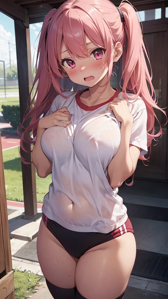 mastute piece,Best Quality,insanely detailed,8k cg,
shoot upper body,
1girl,standing,body in front,looking at viewer,(gym uniform,red buruma),
blush,shy,(trembling:1.2),pink hair,break,open mouth,large breast,outdoor sports field,
