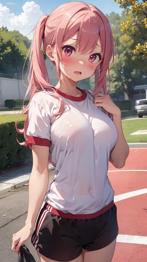 mastute piece,Best Quality,insanely detailed,8k cg,
shoot upper body,
1girl,standing,body in front,looking at viewer,(gym uniform,red buruma),
blush,shy,(trembling:1.2),pink hair,break,open mouth,large breast,outdoor sports field,