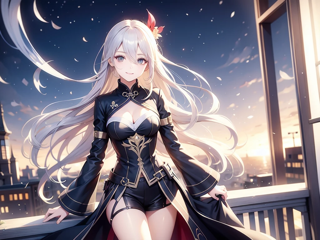 woman who combines characteristics of Rintona from Fault Milestone One, Velvet de Tales of Berseria y Zero de Drakengard con pelo plateado, ojos dorados, vestimenta que combine elementos persas, wuxia y victorianos de color negro, rojo y blanco, holographic accessories combined with arcanapunk and a Lycoris radiata flower-shaped monocle on her left eye, on a balcony overlooking an arcanapunk city in the middle of the night