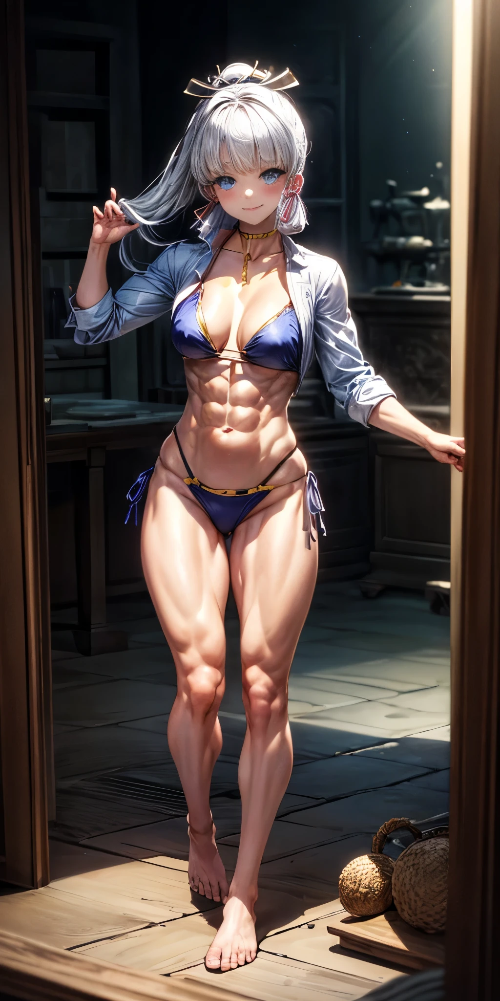 (((masterpiece))), 4k definition, highly detailed, (((extremely detailed eyes))), Detailed background, luminous lighting, crystal clear eyes, blue eyes, high quality, ultra-detailed, 8k, best quality, (1 girl), floor, Shadow, backlight, light particles, coarse filtering thigh: 1.3), (best quality: 1.2), (super fine illustrations: 1.2), (master piece), (master piece) , high quality, very high detail, (alone: 1.4), ((Round image)), 1 girl, (Kamisato Ayaka), smile, blush, closed mouth, thick, medium breasts, (((white hair))), on the beach at night with a starry sky and a full moon in the sky, from above, (full body photo), (muscular belly), (((in a very sexy bikini))), facing the camera, barefoot, standing , (((showing his beautiful muscular legs)))