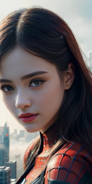 (1girl:1.3), Solo, (((Very detailed face)))), ((Very detailed eyes and face)))), Beautiful detail eyes, Body parts__, Official art, Unified 8k wallpaper, Super detailed, beautiful and beautiful, beautiful, masterpiece, best quality, original, masterpiece, super fine photo, best quality, super high resolution, realistic realism, sunlight, full body portrait, amazing beauty, dynamic pose, delicate face, vibrant eyes, (from the front), She wears Spider-Man suit, red and black color scheme, spider, very detailed city roof background, rooftop, overlooking the city, detailed face, detailed complex busy background, messy, gorgeous, milky white, highly detailed skin, realistic skin details, visible pores, clear focus, volumetric fog, 8k uhd, DSLR, high quality, film grain, fair skin, photo realism, lomography, futuristic dystopian megalopolis, translucent