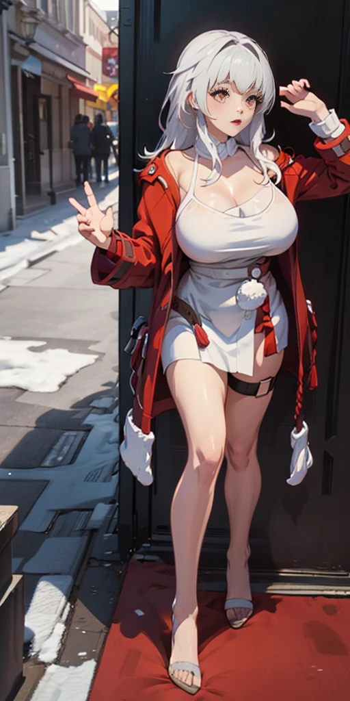 girl, full body, from head to toe, random movement, random pose, (Huge_Breasts:1.3),

klara,1girl,white hair,long hair,red eyes,red coat,white shirt,long sleeves, dress,thigh strap,

 a sexy cartoon girl with very large breasts