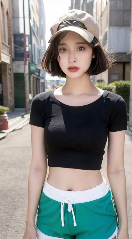 ((Best Quality, 8K, Masterpiece: 1.3)), (Flower Cap: 1.3), Focus: 1.2, Perfect Body Beauty: 1.4, Buttocks: 1.2, (Layered Haircut: 1.2)), (Dark Street: 1.3), Highly Detailed Face and Skin Texture, Full Body, Delicate Eyes, Double Eyelids, Whitened Skin, Long Hair, (Round Face: 1.5), (Loose Crop Top, Shorts: 1.6)