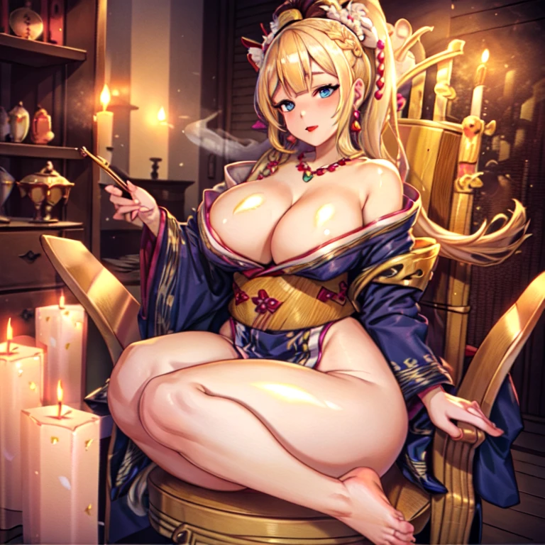 masterpiece, highest quality, (((ソロMature Womanジャネット))), (((Platinum Blonde Hair))), ((long braided ponytail)), (((Wide Hips))), (((Bright Blue Eyes))), Fuller lips, Captivating smile, Cleavage, (((Seated on a wooden throne))), (((Bookshelf, Candles))) sunset, Blushing, "beautiful mature face" , 30 years old , Mature Woman , Adult ((Purple kimono with a fine gold pattern)), Bare shoulders, ((Sexual suggestion)), Perfect beautiful eyes, Fine grain. Thick lips, ((Big Breasts)), (Thick thighs), top down, look down, (((Shiny skin))), (((Chubby))), necklace, bracelet, Hoop Earrings, (((face of europe))), ((Oiran)), Japanese Clothing, Boob Plate, heart, Complex, eye shadow, floral print, hairpin, lipstick, compensate, Red lips, sarashi, (((kiseru))), Holding a pipe in his right hand, (((barefoot)))、Camel Toe、Giant tit、Nipple Puffs、Cleavage、Plump、Super big breasts、Super big butt、white smoke、Pipe、puff on a pipe、Enra enra、Leg spread