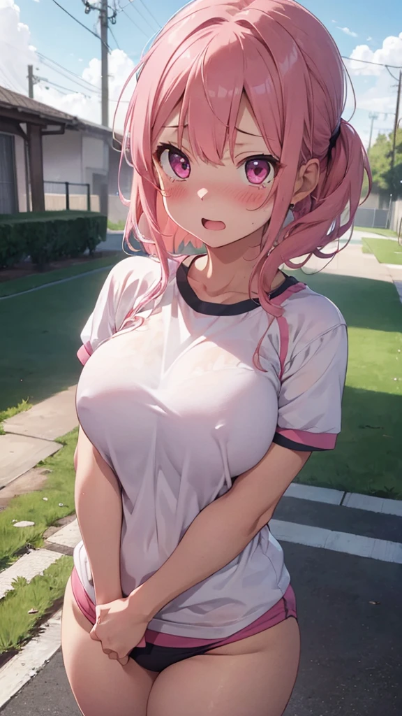 mastute piece,Best Quality,insanely detailed,8k cg,
shoot upper body,
1girl,standing,body in front,looking at viewer,(gym uniform,pink buruma),
blush,shy,(trembling:1.2),pink hair,break,open mouth,large breast,outdoor sports field,