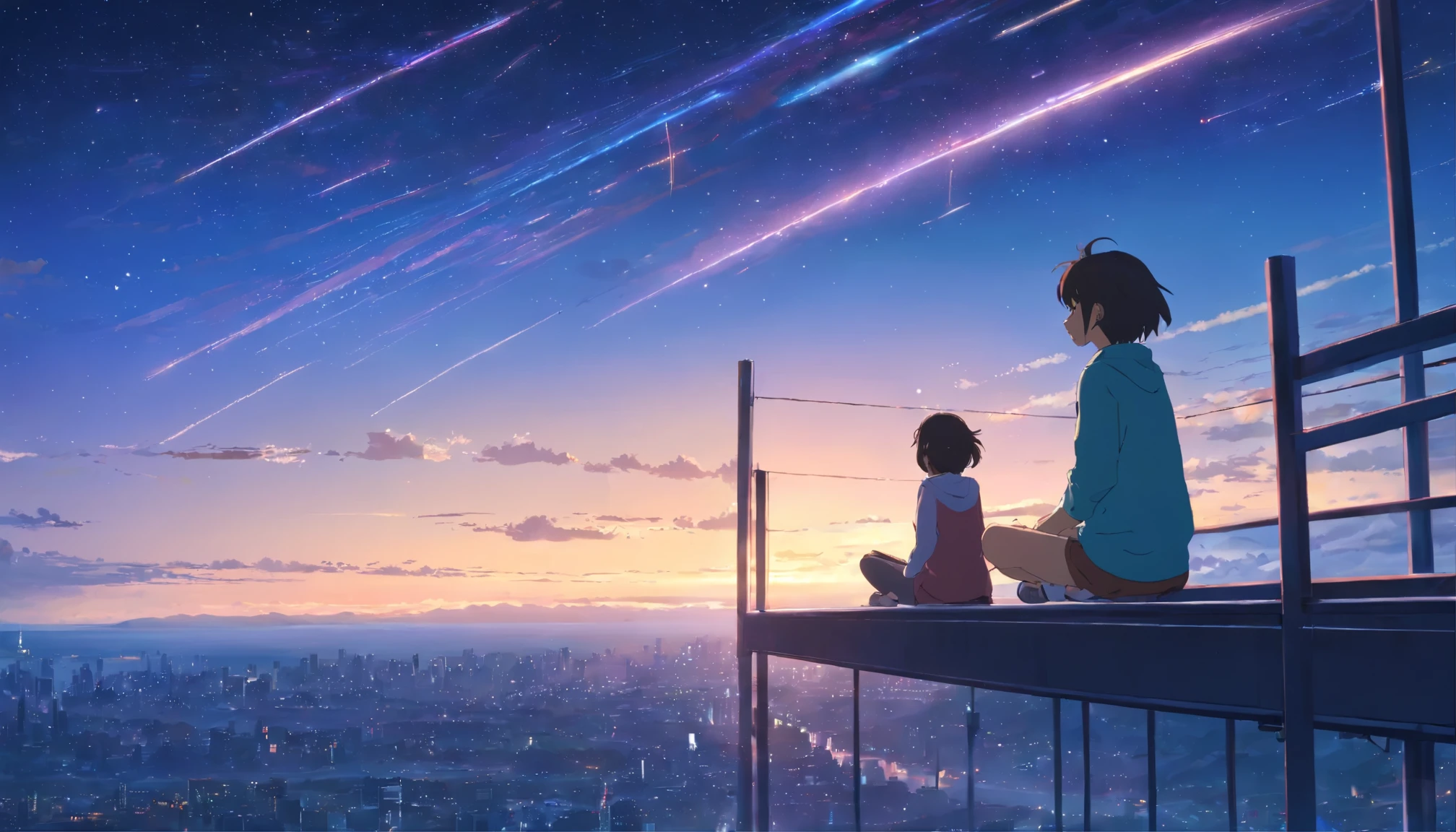 1. Outdoor Girls， slow， Starry Sky， With panoramic view， 野生のWind景Wind景， horizon， roof， Sitting on the roof， Wind，（Wide angle，Ultra HD detail masterpiece, Hyper HD, Super detailed, Advanced Details, highest quality, High resolution, Award-winning, 8K），（Cinema lighting）