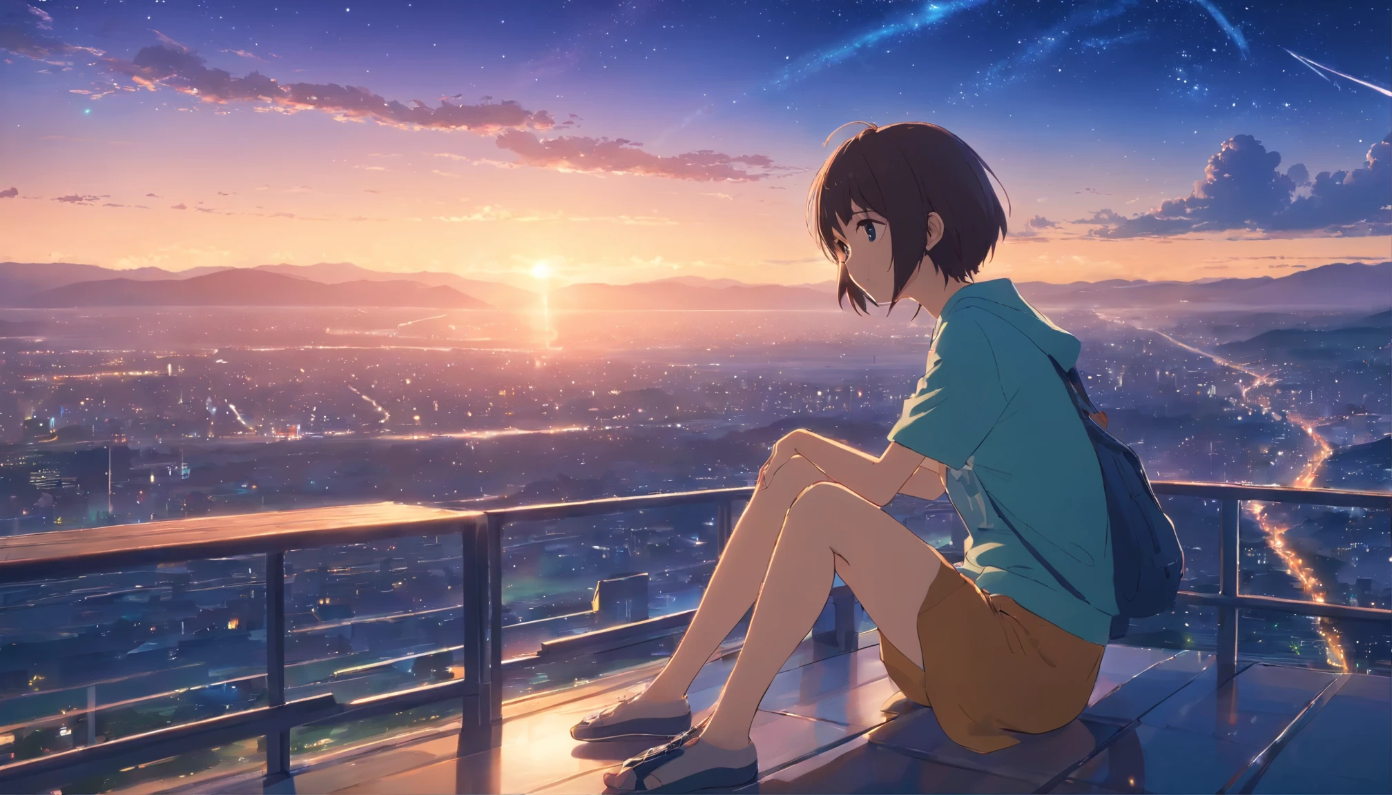 1. Outdoor Girls， slow， Starry Sky， With panoramic view， 野生のWind景Wind景， horizon， roof， Sitting on the roof， Wind，（Wide angle，Ultra HD detail masterpiece, Hyper HD, Super detailed, Advanced Details, highest quality, High resolution, Award-winning, 8K），（Cinema lighting）