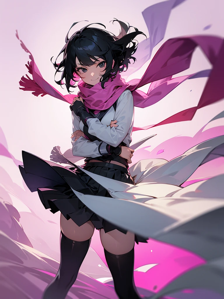1girl, black hair, short hair, pink scarf, large scarf, floating scarf, black eyes, epic wind, cool looking, confident pose, smug smile, pleated skirt, shirt, black thigh highs
