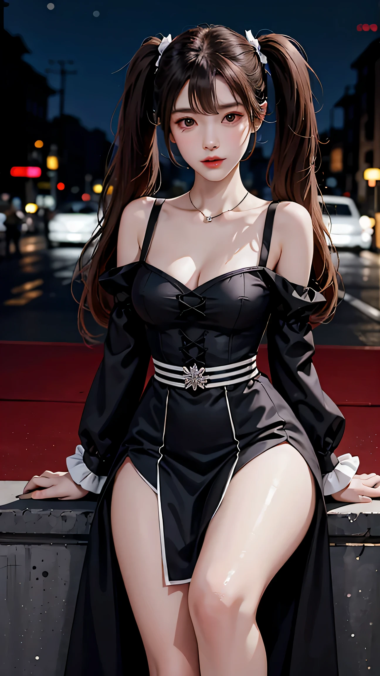 masterpiece, highest quality, Fu Tao V4, One girl, alone, blush, Twin tails, Long Hair, Hair between the eyes, ((Streetwear)), city, Outdoor, night, movie poster, Highly detailed 8K, Smooth, High resolution, super high quality, Cinema Lighting, Ambient Occlusion, hd, 2k, 4K, 8k, 16k, very detailed anime, Detailed face, Perfect composition, Wide Shot, atmospheric lighting, Very sexy, raise the skirt, random waist angle, No correction, Browsing Caution, No correction