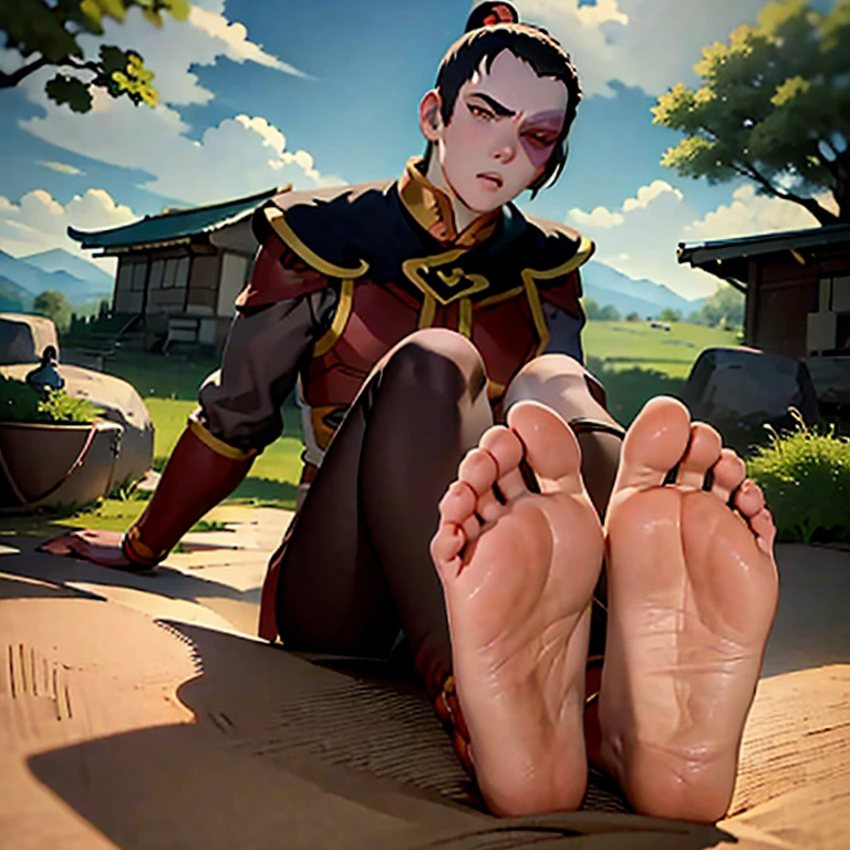 ((Masterpiece)), ((highest quality)), ((ultra detailed)), young male, Zuko_Avatar, at a camp, feet focus, perfect feet, feet