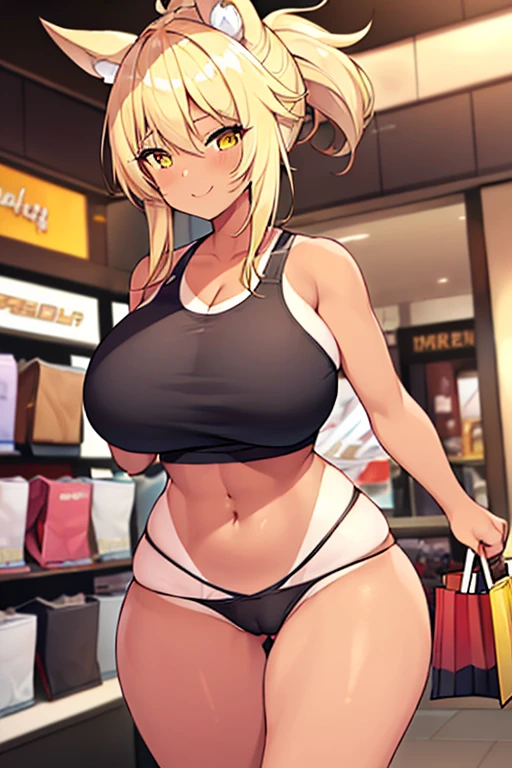 1girl, blonde hair, ponytail, wolf ears, tan skin, tan, highleg panties, panties, micro panties, cameltoe, sports bra, black sports bra, ((mall)), mall, ((shopping)), shopping, bare legs, no pants, yellow eyes, huge breasts, thick thighs, wide hips, smile, happy, shopping bag