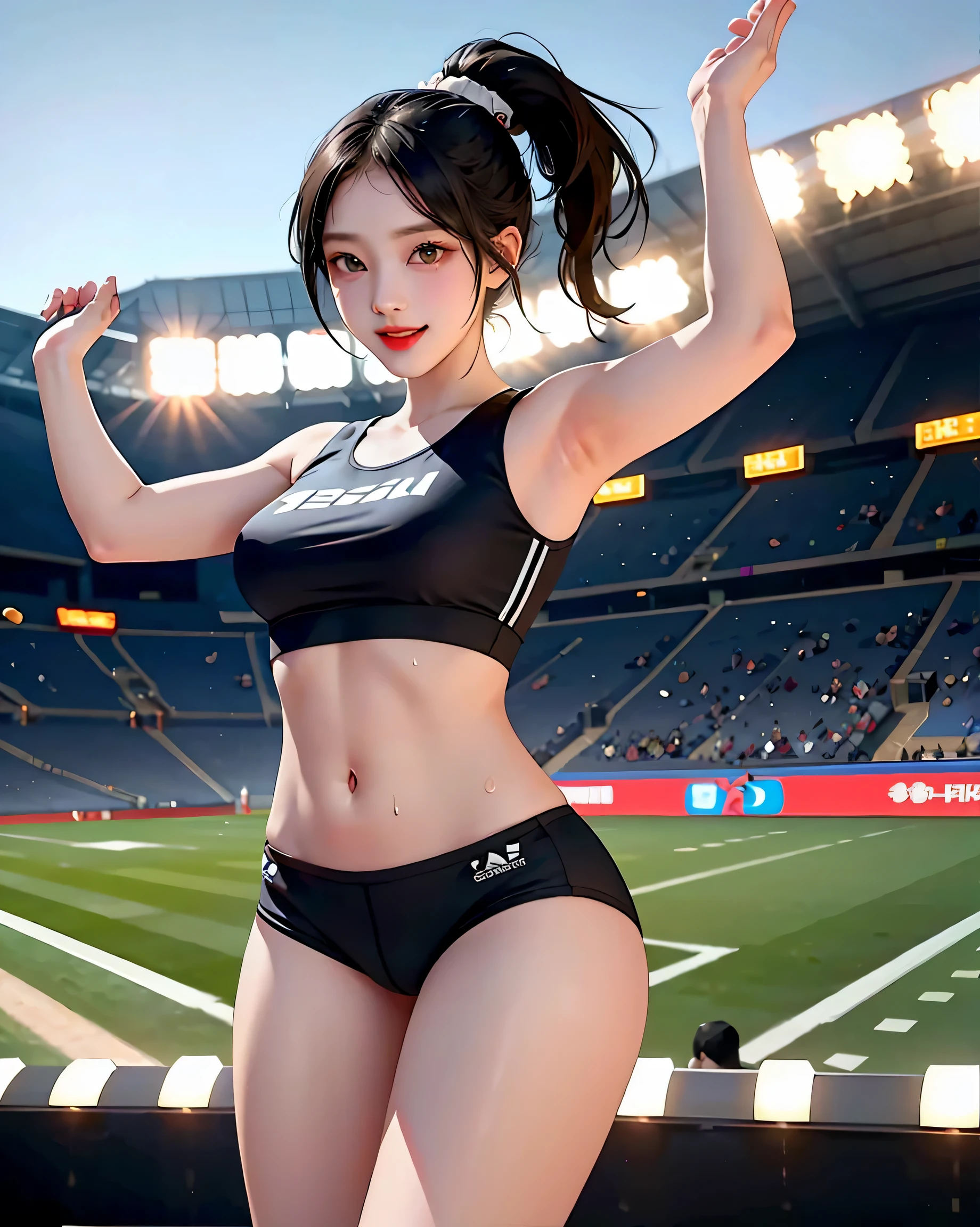 highest quality、movie lighting、 Girl in sports bra and sports panties、Big Breasts、Fine Lines、Raise your arms、Stadium、smile、expensive、、Sweaty、black hair ponytail、Narrow waist