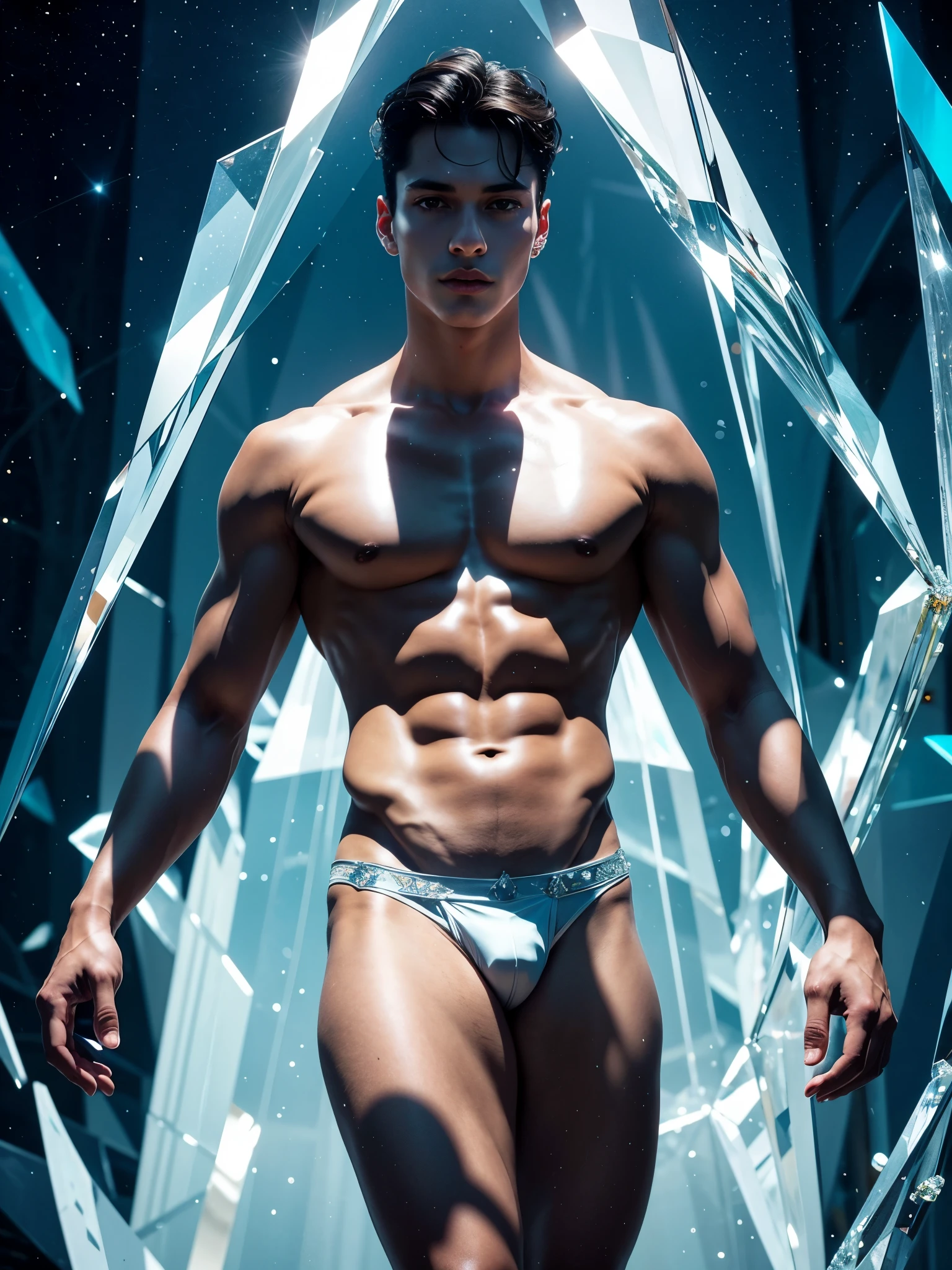 (realistic, Masterpiece, best quality, height, Highly detailed), Handsome young man poses nude surrounded by crystal, The identity of the crystal as a human, 18 year old male, bright colors, realistic light, SPARKLING REFLECTION, Bright and radiant skin, Chisel body, intense stare, striking features, Well-defined jaws, messy hair, Confident and relaxed posture, artistic elements, Elegant and elegant gestures, Fascinating and mesmerizing expression, The man's body is covered with delicate and complex crystals., Create a mesmerizing and ethereal effect., Impeccable attention to detail, Flawless surface rendering, The perfect combination of realism and fantasy, Incredible depth and dimensions, The difference that attracts attention between the smoothness of men's skin and the texture of the crystals, The combination of the human shape with the crystal that surrounds it seamlessly, Causes a sense of elegance, beauty, and mystery, A powerful symbol of purity and strength, embodied by the elements of the crystal., Expertly applied shadows and highlights to enhance the three-dimensional quality of the image., Expertly using colors to create a dream-like atmosphere, Delicate and delicate light and shadow, Create beautiful, spectacular and emotional scenes, Exquisite workmanship and skillful execution, capturing the essence of both the human form and the ethereal beauty of crystals, Create an impressive and memorable viewing experience.front view,full body image,((((Convex crotch))))