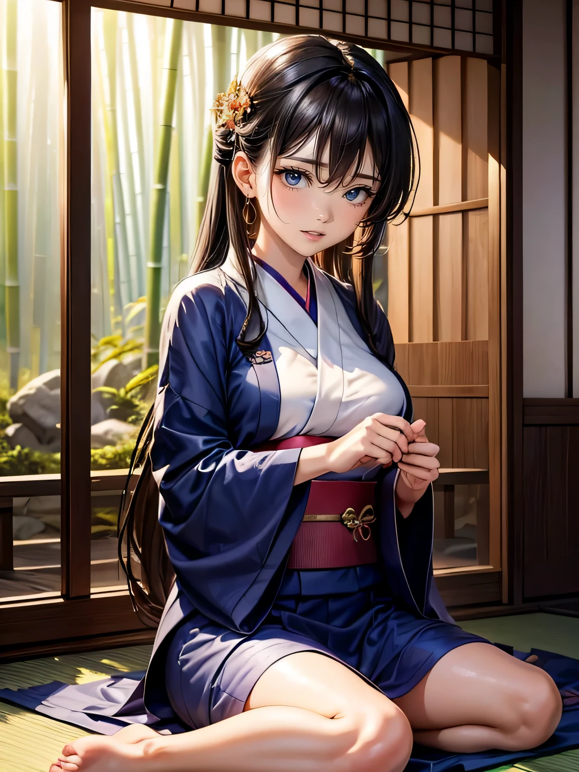 High resolution 4K image quality、A 20-year-old Japanese woman is captured walking through a tranquil bamboo forest at the foot of Mount Fuji.。She was wearing a traditional indigo yukata.、The way the soft fabric flutters in the wind is beautiful.。The woman's expression is calm and、A deep connection with nature。The bamboo forest is wet with morning dew、The first rays of the sun cast soft patterns through the bamboo leaves onto the ground.。The air is clean.々work、The peak of Mt. Fuji quietly watches over us in the distance.。In this scene、The natural beauty of Japan and the youth of a 20-year-old woman々The perfect blend of、You can feel the silence and peace as if time has stopped.。

The lighting uses natural light.、The soft morning light adds warmth to the whole。especially、Finely adjust the contrast of light and shadow、Highlighting the texture of the bamboo forest and the fine details of the woman&#39;s yukata。The colors in the images are vibrant yet natural.、with visual appeal、Expressing emotional depth。