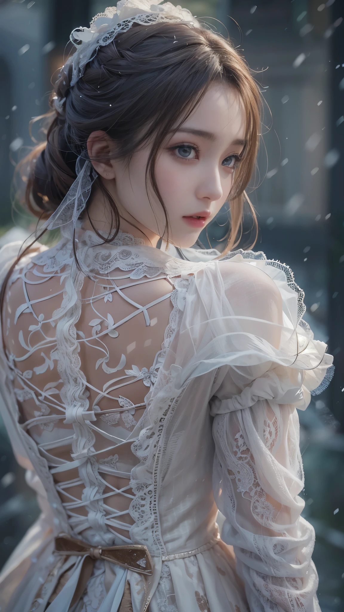 (8K,RAW photos, best qualtiy, tmasterpiece:1.2),(realisticlying, photograph realistic:1.4),Hide your face with sadness,
ta costume,Lace, Aerith Gainsborough, The upper part of the body,upper legs,Lace, undergarments,exposed bare shoulders, do lado de fora, (outside,Covered with snow,cloaks,) high high quality, Adobe Lightroom, highdetailskin, looking at viewert,