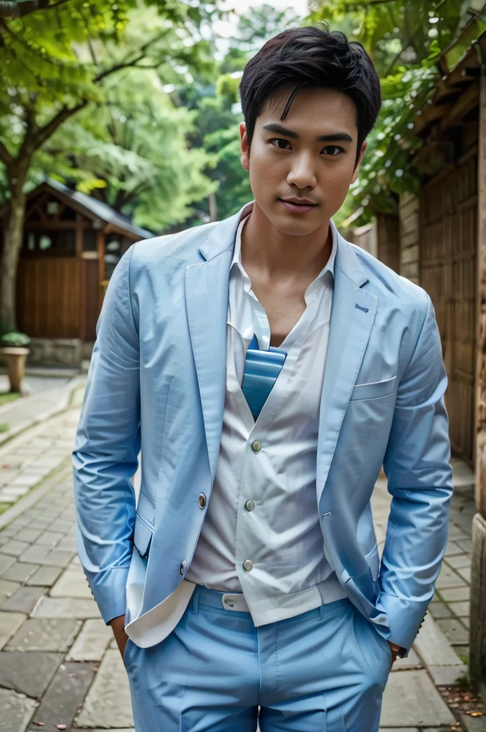 (One wearing a full light blue striped suit、White shirt、Tie、About 25 years old、Japanese men with a height of 180 cm)、best quality、masterpiece、Ultra-high resolution、(Photo realism:1.4)、original photo、(戶外街道上One wearing a full light blue striped suit、White shirt、Tie的年輕英俊的日本男人、Standing under the red maple tree、Red and big maple leaves、delicate leaves、branch details)、(There is a white BMW car next to the man、Man's hands on car roof) shadow、Octane Rendering、8K、Super sharp、realistic light、(There is only one white BMW car on the street、man's shining eyes、looking in the direction of the camera)、LED、Ultra high quality、High、gentleman、very beautiful hair、bright photos、As handsome as a model、As handsome as an idol,Professional profile photo, Professional portrait photos、Realistic portrait photos, Detailed color portrait, Portrait of an idol, High quality portrait.