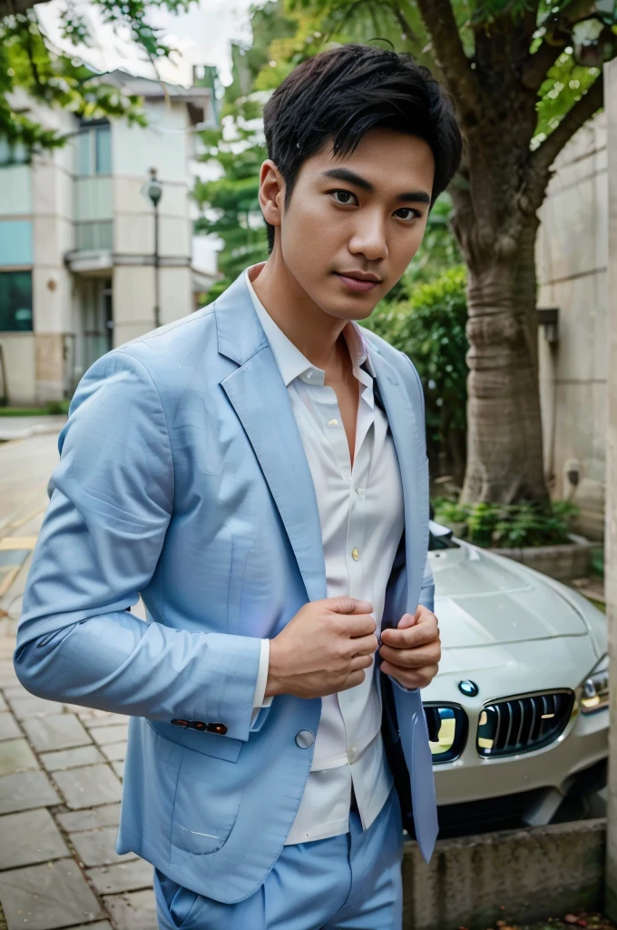 (One wearing a full light blue striped suit、White shirt、Tie、About 25 years old、Japanese men with a height of 180 cm)、best quality、masterpiece、Ultra-high resolution、(Photo realism:1.4)、original photo、(戶外街道上One wearing a full light blue striped suit、White shirt、Tie的年輕英俊的日本男人、Standing under the red maple tree、Red and big maple leaves、delicate leaves、branch details)、(There is a white BMW car next to the man、Man&#39;s hands on car roof) shadow、Octane Rendering、8K、Super sharp、realistic light、(There is only one white BMW car on the street、man&#39;s shining eyes、looking in the direction of the camera)、LED、Ultra high quality、High、gentleman、very beautiful hair、bright photos、As handsome as a model、As handsome as an idol,Professional profile photo, Professional portrait photos、Realistic portrait photos, Detailed color portrait, Portrait of an idol, High quality portrait.