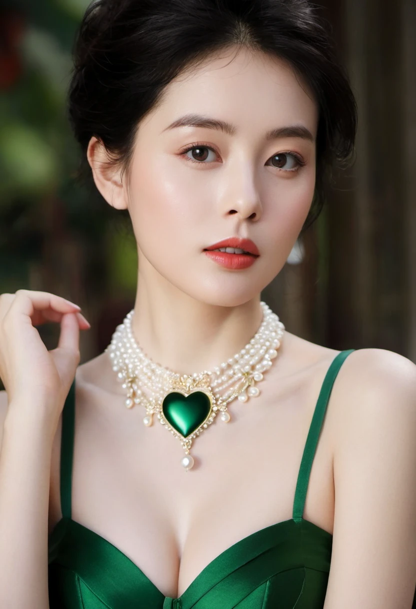 there is a green heart shaped neckrace with a pearl bead, green adornements, green jewellery, intricate and detailed race set, beautiful craftsmanship, green, royal-green, race, dark green, Complexly defined, decorative dark green clothing, Exquisite and smooth details, Close-up - view, bright green shiny lingerie, Beautiful details, raced lingerie, Exquisitely crafted down to the last detail