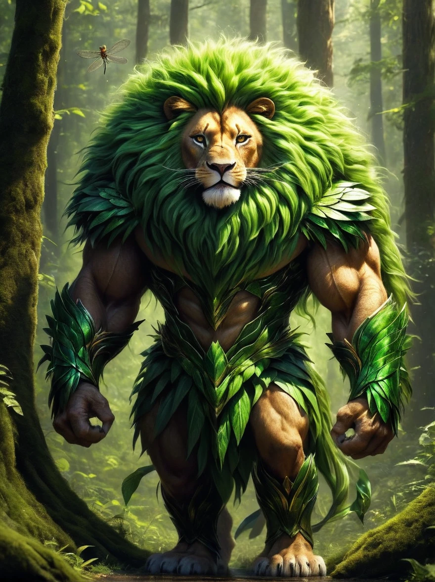 A fantastic, imaginary creature named Liom. This creature has the body of a lion, but instead of fur, its body is covered in luscious green leaves. It has a pair of dragonfly wings and can shine bright like a light bulb when it's dark. Its eyes are as clear as crystal balls, reflecting anything that is in front of it. Its roar sounds like the mixture of a lion's roar and the melodies of a beautiful song. It spends most of its time wandering around in deep forests, bathed in the glow of the forest under the shimmering moonlight.