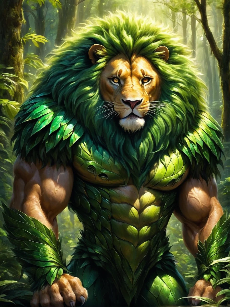 A fantastic, imaginary creature named Liom. This creature has the body of a lion, but instead of fur, its body is covered in luscious green leaves. It has a pair of dragonfly wings and can shine bright like a light bulb when it's dark. Its eyes are as clear as crystal balls, reflecting anything that is in front of it. Its roar sounds like the mixture of a lion's roar and the melodies of a beautiful song. It spends most of its time wandering around in deep forests, bathed in the glow of the forest under the shimmering moonlight.