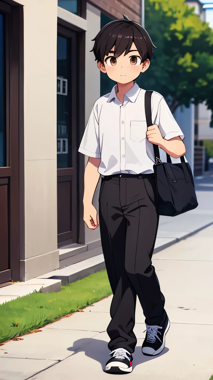 boy,black short hair,Brown eyes,Collared shirt,Gray slacks,feet are sneakers,Carrying a bag over one's shoulder,Walking,Character portrait