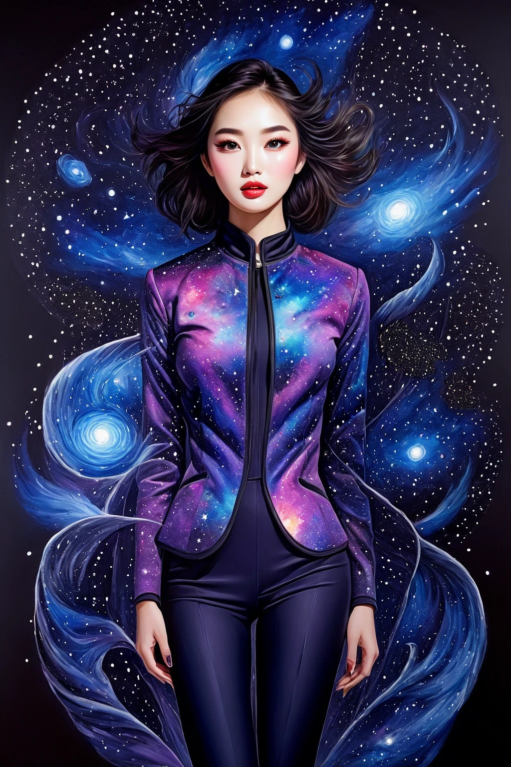 (best quality, highres, realistic:1.37), detailed portrait, a impressive painting of girl in galaxy beautiful detailed eyes, beautiful detailed lips, long eyelashes, fashionable clothing, confident and elegant posture, unique catwalk style, starry night pattern on the jacket, vibrant colors, rich textures, soft and glowing lighting, runway atmosphere, asian model