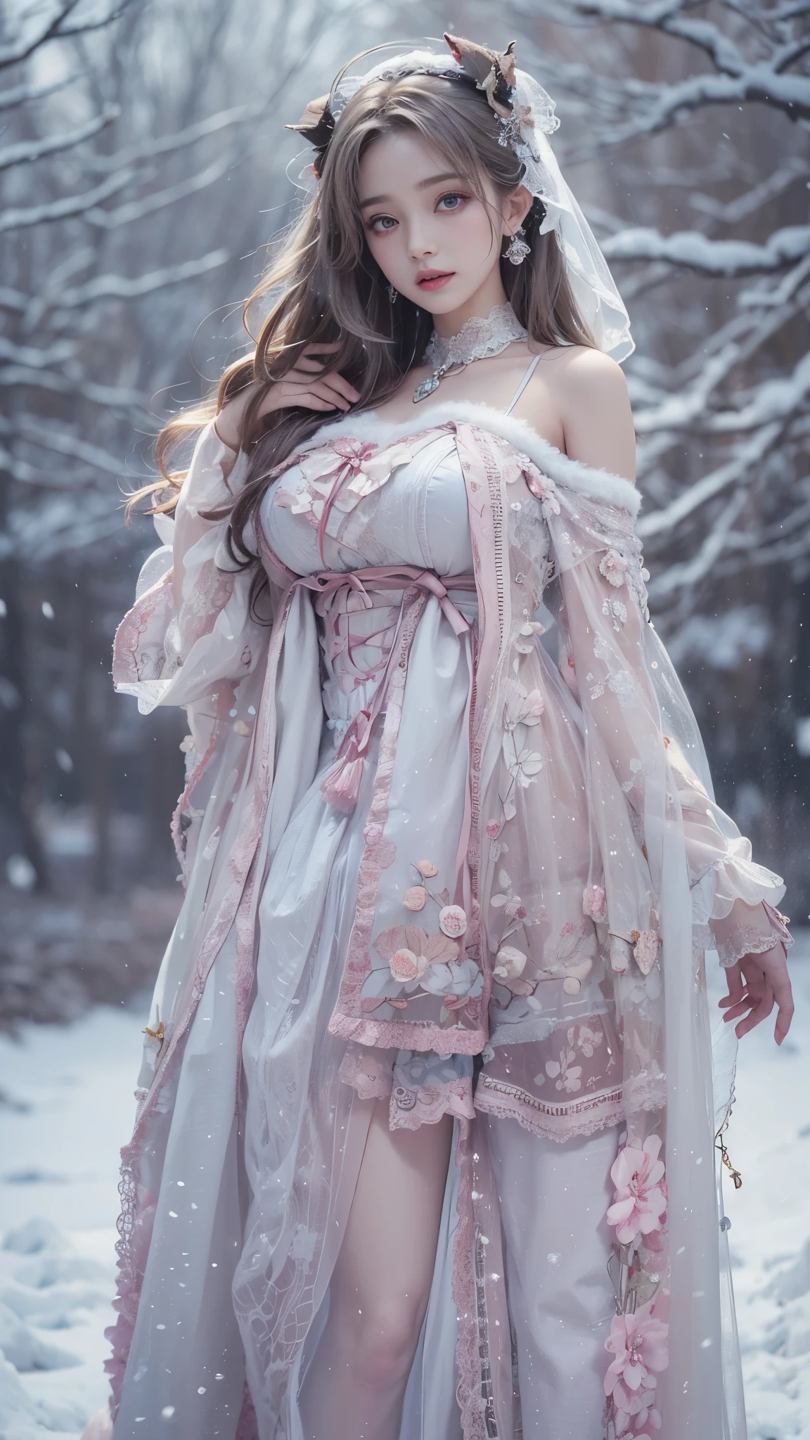 (8K,RAW photos, best qualtiy, tmasterpiece:1.2),(realisticlying, photograph realistic:1.4),Hide your face with sadness,
Lolita costume,Lace, Aerith Gainsborough, The upper part of the body,upper legs,Lace, undergarments,exposed bare shoulders, do lado de fora, (outside,Covered with snow,cloaks,) high high quality, Adobe Lightroom, highdetailskin, looking at viewert,