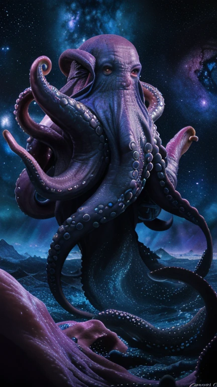 Cosmic majestic octopus with number 8 tattoo, #8, Realist, masterpiece, 8k, Cosmic Void, fear, origin, Revelation, The End of the World, full art, magic, dark fantasy, crazy, Unique
