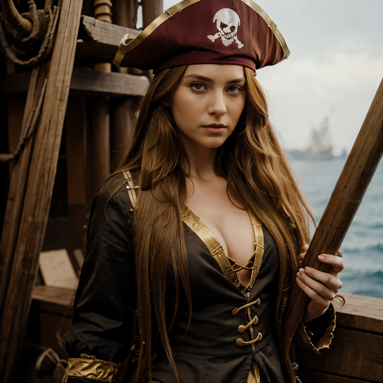 Woman with long golden hair and crimson eyes and pirate clothes