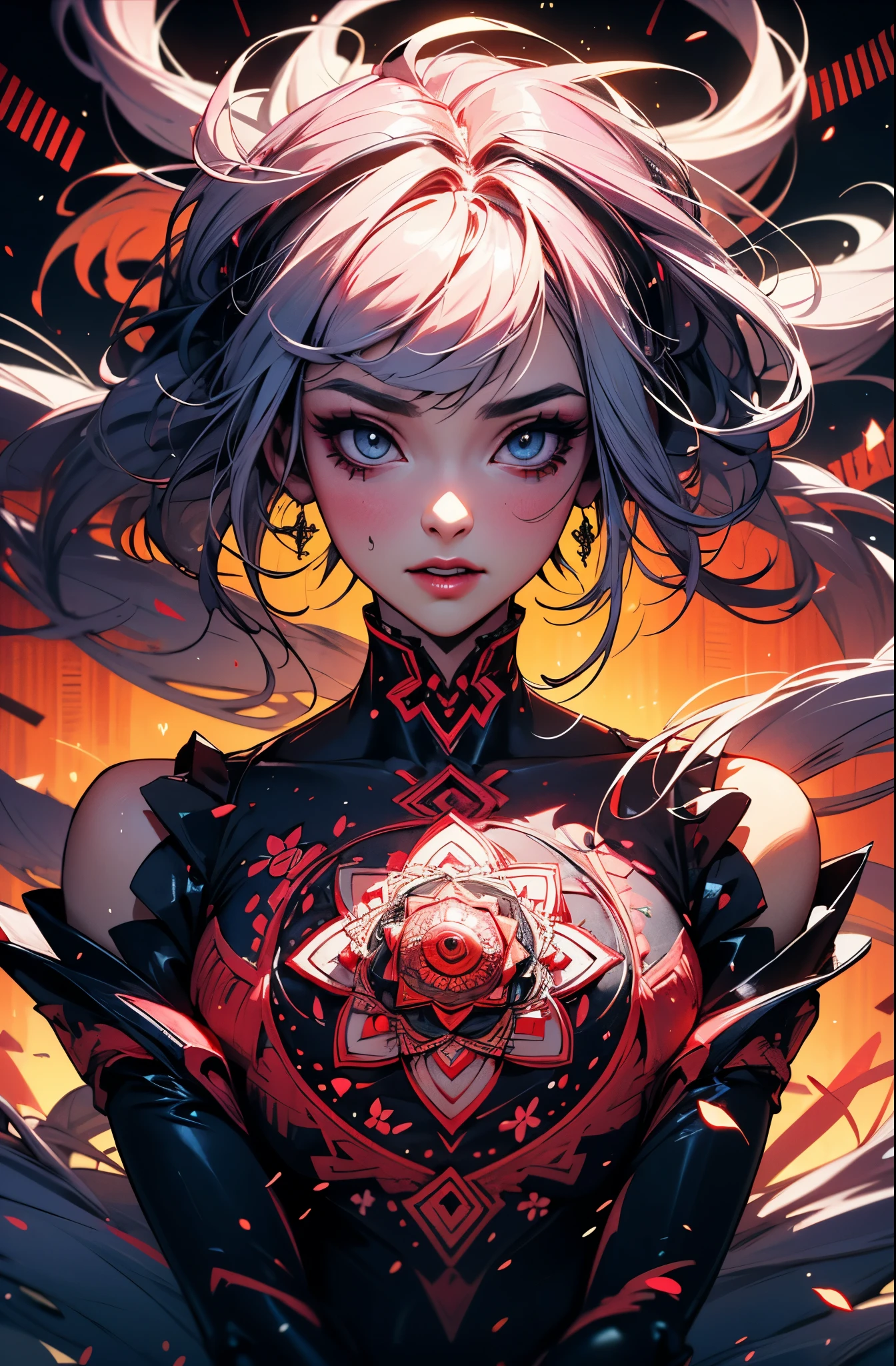 Centered, symmetrical, portrait official art, red pink vibrant, unity 8k wallpaper, ultra detailed, beautiful and aesthetic, masterpiece, best quality, (zentangle, mandala, tangle, entangle), (fractal art:1.3), 25 year old woman, happy sexy, extremely detailed, dynamic angle, vivid colours, romanticism, atmospheric, ecstasy of musical notes, streaming musical notes visible. Luminous light. Luminous, 4K, highly detailed Cyberpunk alley at night.
