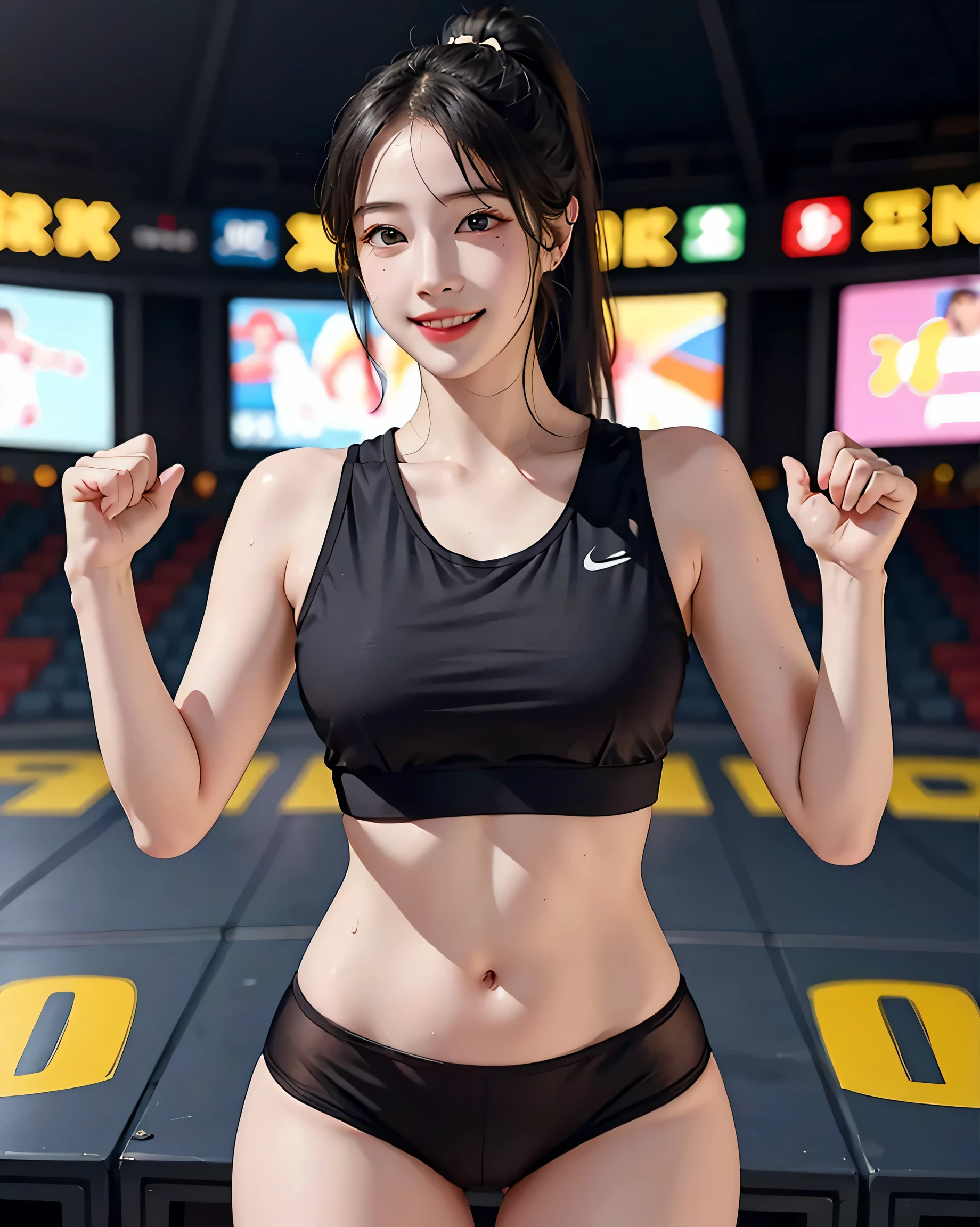 highest quality、movie lighting、 Girl in sports bra and sports panties、Big Breasts、Fine Lines、Raise your arms、Stadium、smile、expensive、、Sweaty、black hair ponytail、Narrow waist