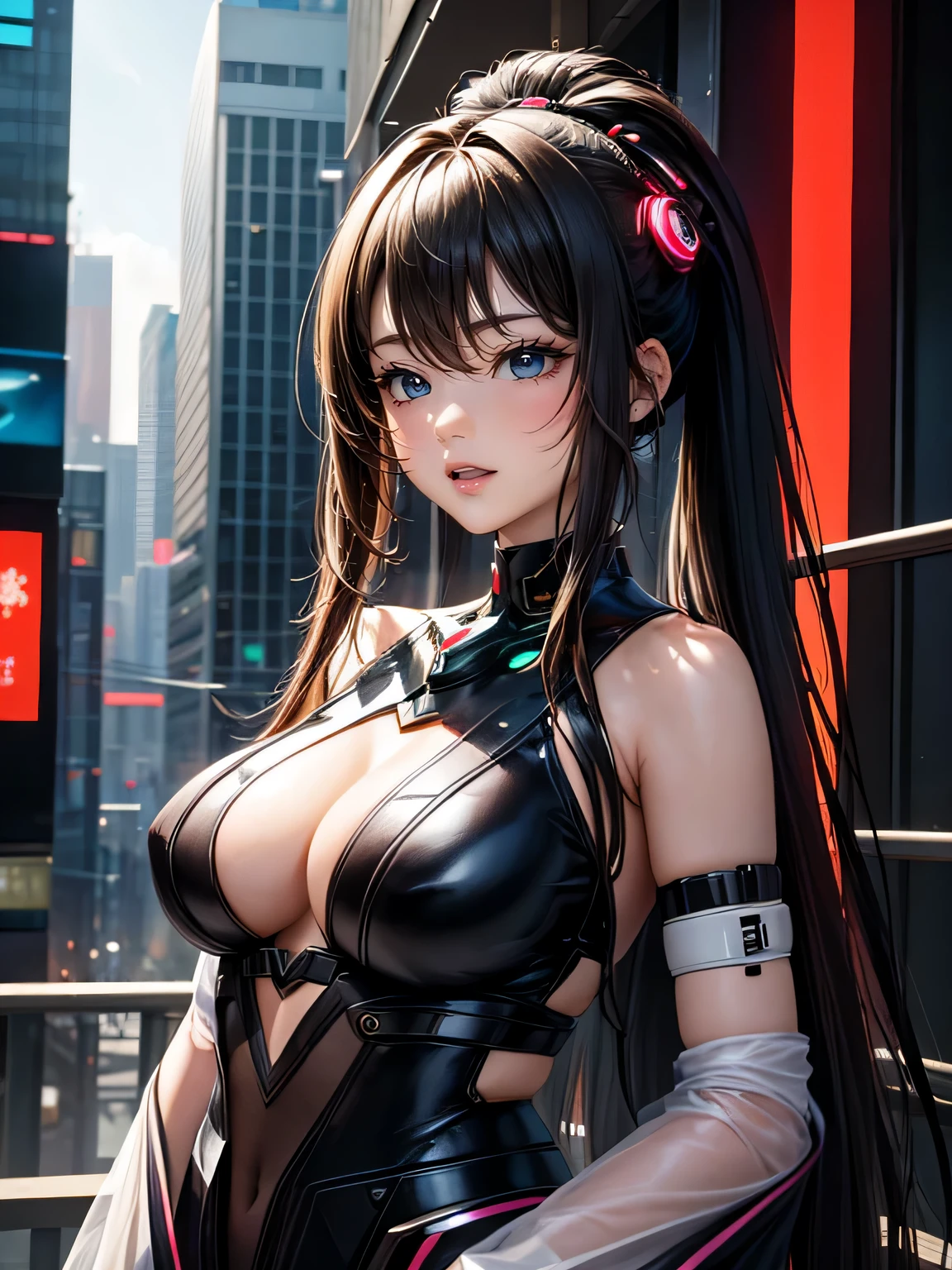 Living in a Cyberpunk World、20-year-old Japanese female AI beauty。she、Standing on the rooftop of a neon-lit big city、The futuristic Tokyo night view is in the background。In the midst of a dynamic landscape woven with the light and shadow of the city、Her attire is、A reinterpretation of the beauty of traditional Japanese clothing with futuristic materials and designs。transparent material、LED and holographic accessories、The fabric features dynamic color and pattern changes.、It has a unique style that blends in with the cyberpunk worldview.。
around her、The design is sprinkled with details that symbolize a society in which advanced AI and humans coexist.。Interactive Digital Advertising、flying car、A group of giant buildings managed by AI、It speaks to the sophistication and complexity of this world.。She herself too、It is a fusion of the beauty of AI and human emotion.、In its expression、Hope and loneliness coexist in life in a future city。
This gravure is、Set in a cyberpunk city of the future、Tradition and the Future、A work that explores the relationship between AI and humans。Digital and Analog、In the midst of intertwining light and shadow、Pursuing the beauty of a new era、This work leaves a deep impression on the viewer.、Tradition and the Future、The theme is harmony between nature and AI.、Pursuing new forms of beauty created by AI。