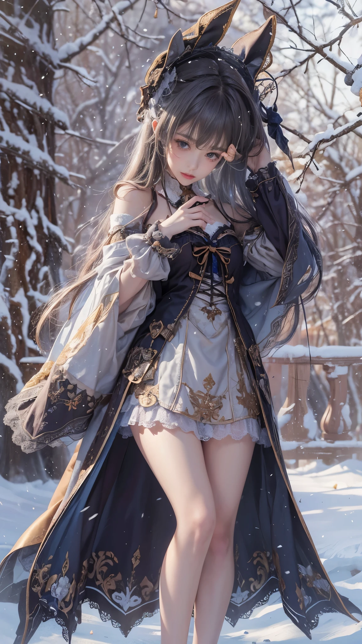 (8K,RAW photos, best qualtiy, tmasterpiece:1.2),(realisticlying, photograph realistic:1.4),Hide your face with sadness,
Lolita costume,Lace, Aerith Gainsborough, The upper part of the body,upper legs,Lace, undergarments,exposed bare shoulders, do lado de fora, (outside,Covered with snow,cloaks,) high high quality, Adobe Lightroom, highdetailskin, looking at viewert,