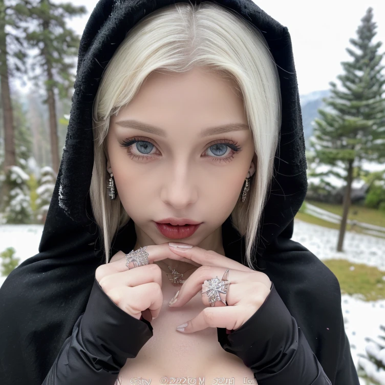 1 miniature Beautiful beautiful woman - Yuan Sayuki, ((top quality, 8K, Masterpiece:1.retty woman, 1 woman, huge breasts:1.3, a slim body:1.1, lush white short hair, (shower, wet body, wet clothes:1.1), very detailed face, detailed lips, detailed eyes, double eyelids, Detailed blue eyes, чрезвычайно Detailed Outstanding Blue Eyes, short white wet hair, white wet hair, Detailed Outstanding Blue Eyes, innocent look at the viewer, ,very wet wavy white hair, Detailed Outstanding Blue Eyes, huge cross earrings, Outdoors, badges behind, gothic wedding uniform, sexy gothic style wedding dress with veil, bare chest, huge chest tattoo wearing a wreath, detailed huge catholic cross earrings, chest tattoo, Outside - there are trees and a buddhist temple in the background (mountain vicinity), wear a silver cross (Detailed cross shape), reality mode, wet breasts, black necklace, black wedding dress and black veil, human crowd behind, head/forehead chain veil, black latex gloves, naked breasts, naked breasts, naked nipples, hair of white snowy colour, night time, red neon lights, demonic nun, nimbus (golden lighting ring above her head), angel, snowy weather, detailed and flawless buddhist temple behind
