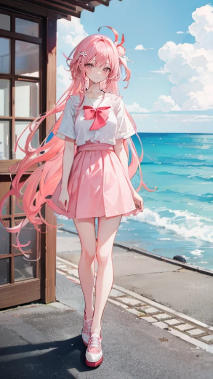 Coral pink hair，Long hair，hair over one eye，Gray eyes，feather hair ornament，cute，Girl，laughing expression，White short sleeve，Short skirt，Wear shoes on your feet，Standing on the ground，whole body，Don't show your arms，In the background is a chalet by the sea，many clouds