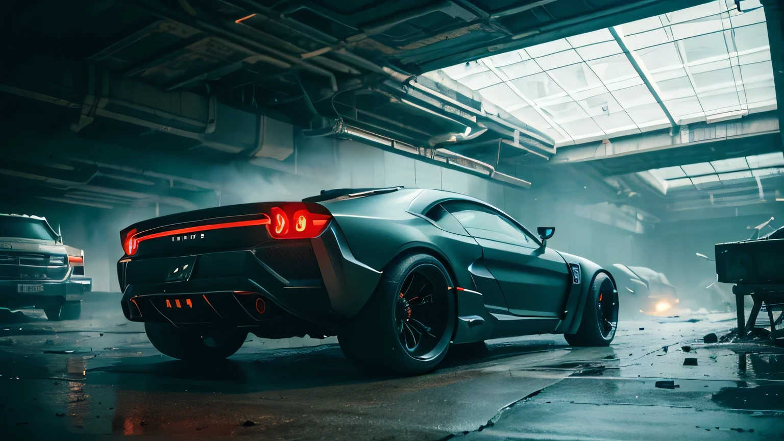 Sci-fi inspired vehicle concept with tracks, futuristic, high-tech, dystopian society, photographed with a Fujifilm X-T4 and a fisheye lens, under dim, smoky lighting, presenting a gritty and chaotic vision of a dystopian future